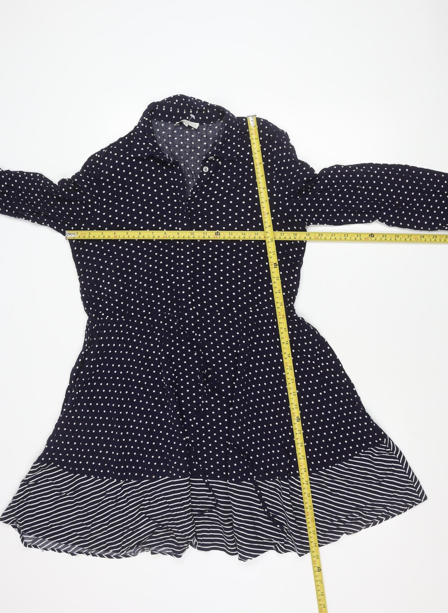 Warehouse Women Blue Polka Dot Stripe Shirt Dress Size 10 Long Sleeve Asymmetric Hem