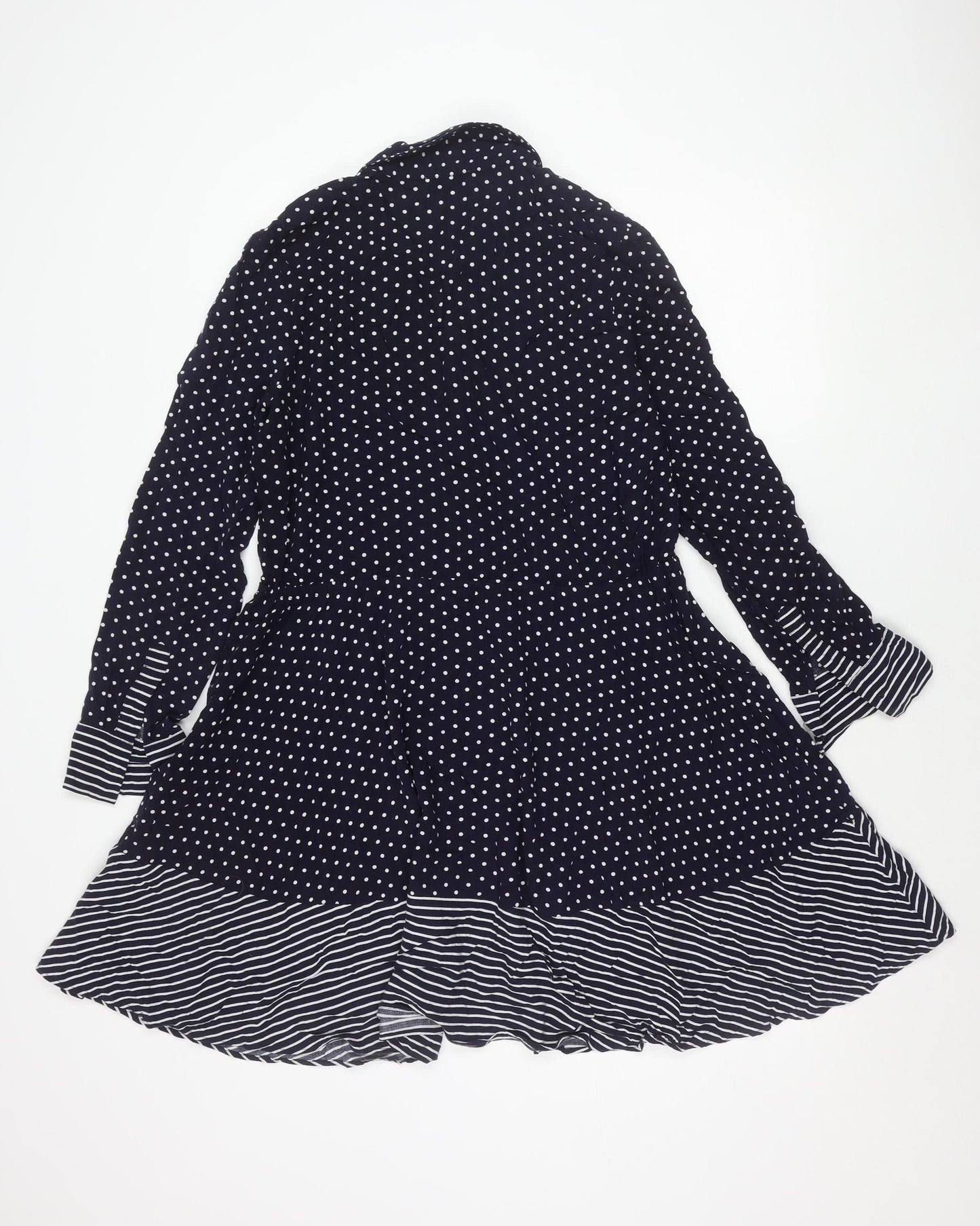 Warehouse Women Blue Polka Dot Stripe Shirt Dress Size 10 Long Sleeve Asymmetric Hem
