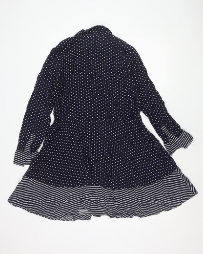 Warehouse Women Blue Polka Dot Stripe Shirt Dress Size 10 Long Sleeve Asymmetric Hem
