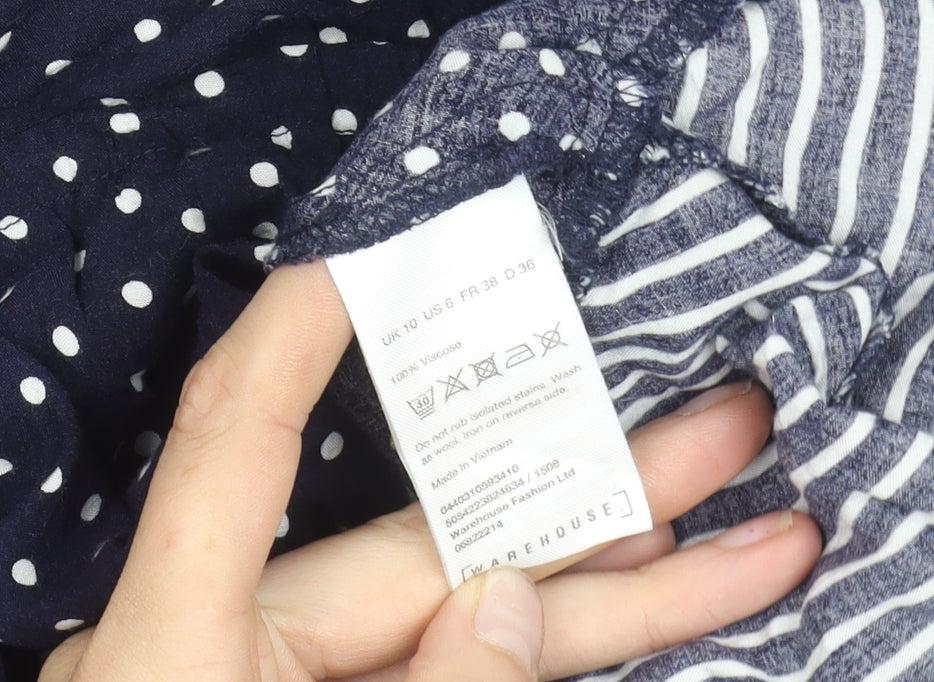 Warehouse Women Blue Polka Dot Stripe Shirt Dress Size 10 Long Sleeve Asymmetric Hem