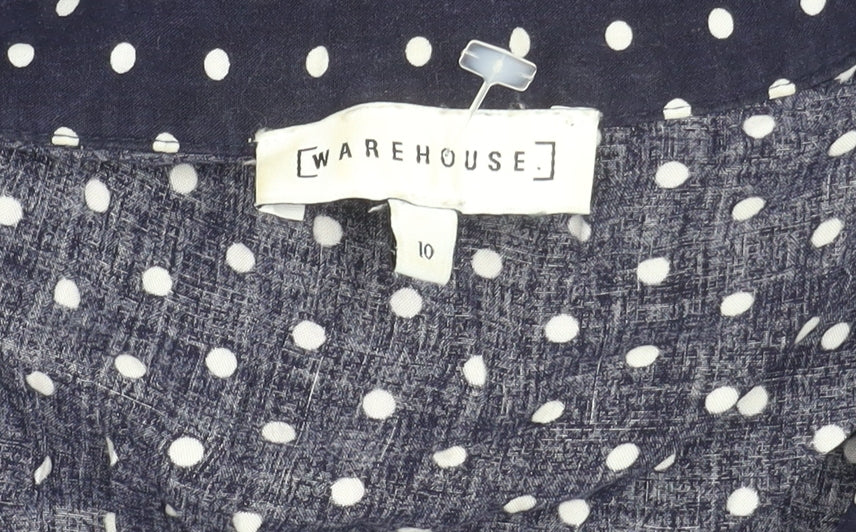 Warehouse Women Blue Polka Dot Stripe Shirt Dress Size 10 Long Sleeve Asymmetric Hem