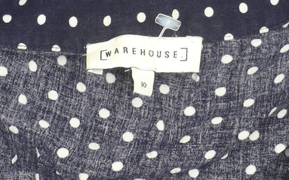 Warehouse Women Blue Polka Dot Stripe Shirt Dress Size 10 Long Sleeve Asymmetric Hem