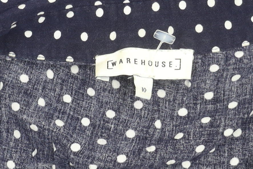 Warehouse Women Blue Polka Dot Stripe Shirt Dress Size 10 Long Sleeve Asymmetric Hem