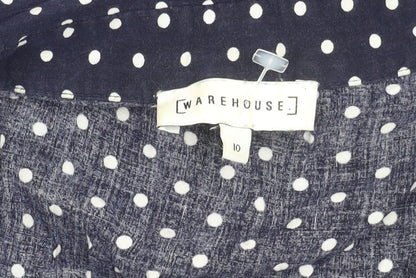 Warehouse Women Blue Polka Dot Stripe Shirt Dress Size 10 Long Sleeve Asymmetric Hem