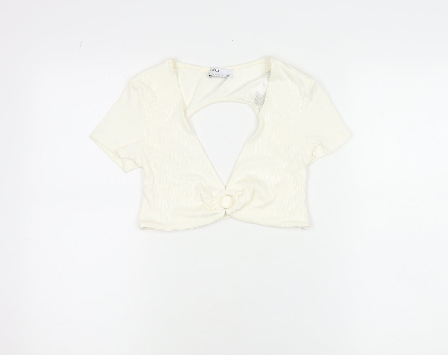 Bershka Women Ivory Cropped V-Neck Cut Out Slim T-Shirt M