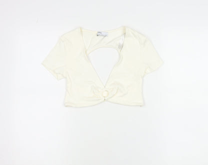 Bershka Women Ivory Cropped V-Neck Cut Out Slim T-Shirt M