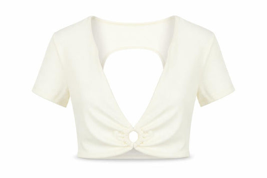 Bershka Women Ivory Cropped V-Neck Cut Out Slim T-Shirt M