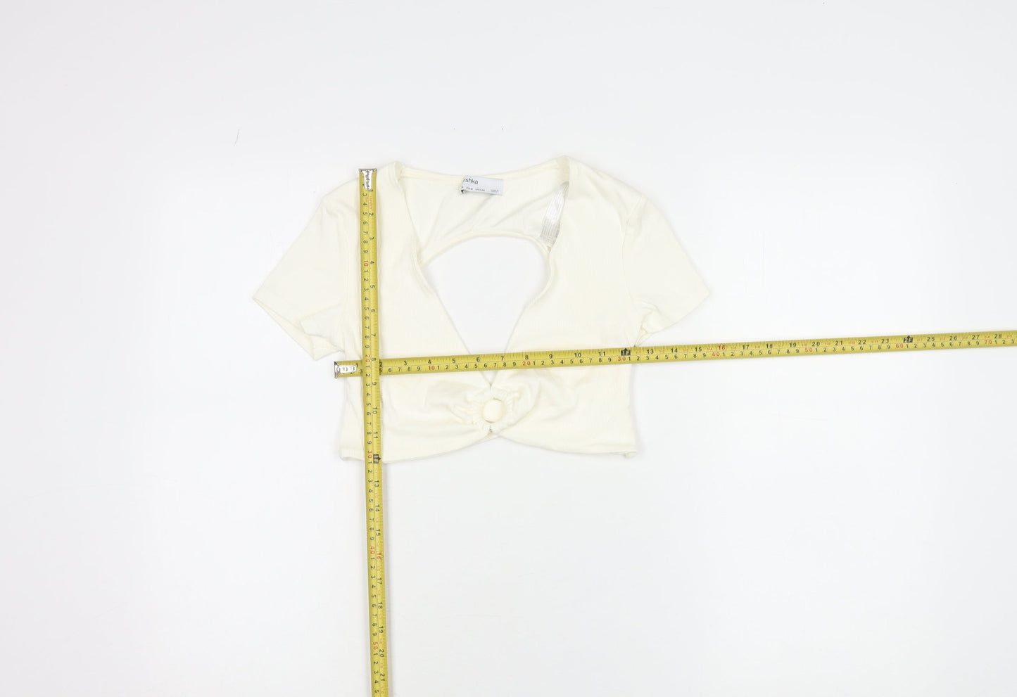 Bershka Women Ivory Cropped V-Neck Cut Out Slim T-Shirt M