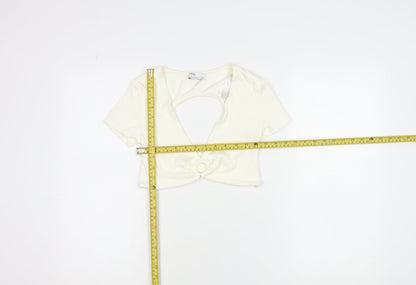Bershka Women Ivory Cropped V-Neck Cut Out Slim T-Shirt M