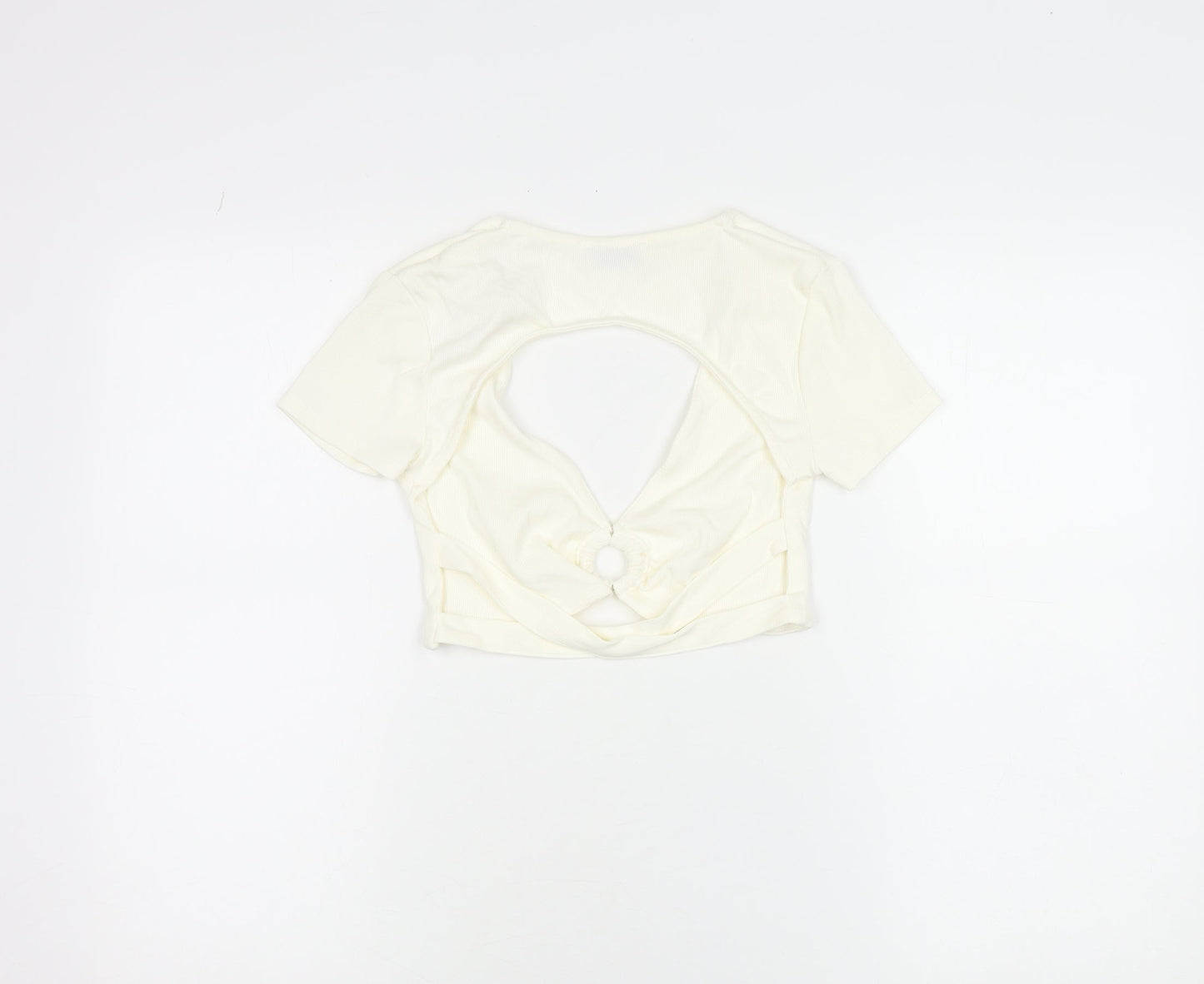 Bershka Women Ivory Cropped V-Neck Cut Out Slim T-Shirt M