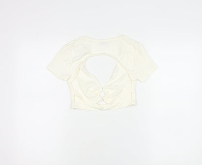 Bershka Women Ivory Cropped V-Neck Cut Out Slim T-Shirt M