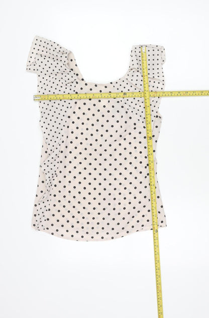 Warehouse Women’s Beige Polka Dot Chiffon Blouse UK 8 Classic Scoop Neck