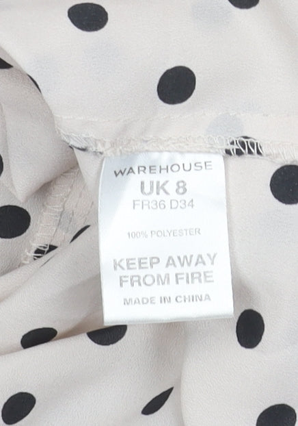 Warehouse Women’s Beige Polka Dot Chiffon Blouse UK 8 Classic Scoop Neck
