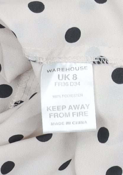 Warehouse Women’s Beige Polka Dot Chiffon Blouse UK 8 Classic Scoop Neck