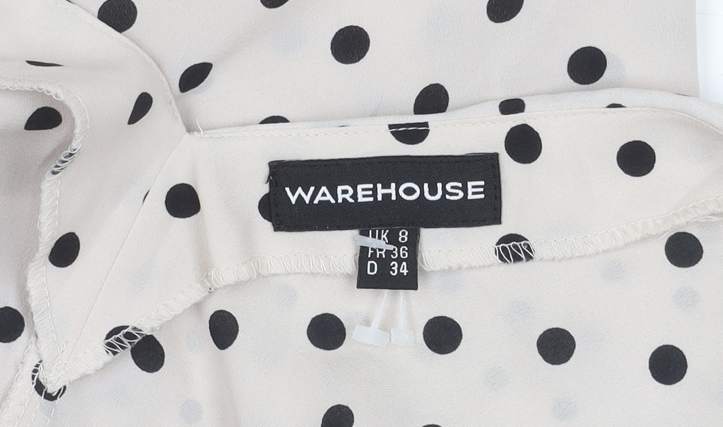 Warehouse Women’s Beige Polka Dot Chiffon Blouse UK 8 Classic Scoop Neck
