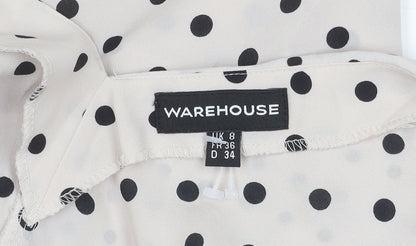 Warehouse Women’s Beige Polka Dot Chiffon Blouse UK 8 Classic Scoop Neck