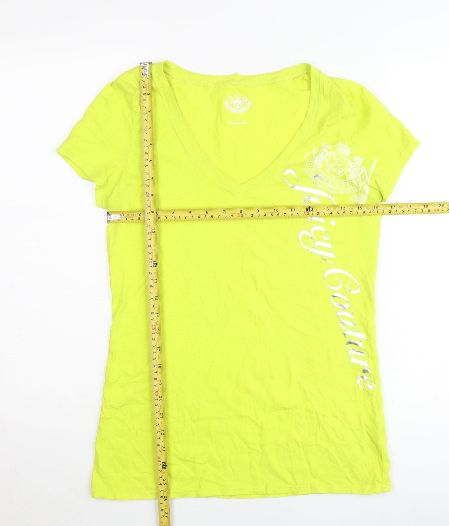 Juicy Couture Womens Yellow V-Neck T-Shirt Size L Short Sleeve