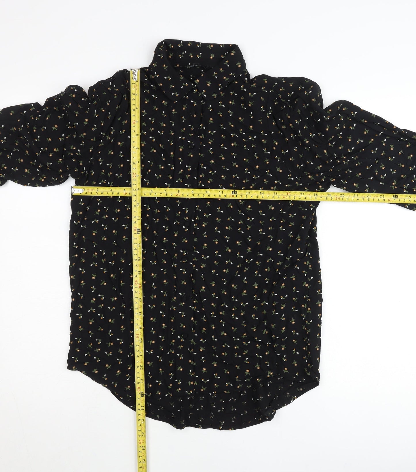 Next Womens Black Floral Button-Up Tunic Shirt Size 8 Long Sleeve