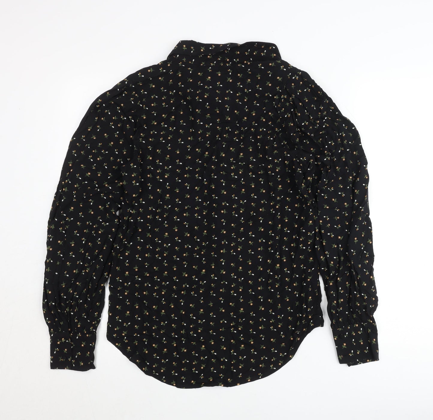 Next Womens Black Floral Button-Up Tunic Shirt Size 8 Long Sleeve