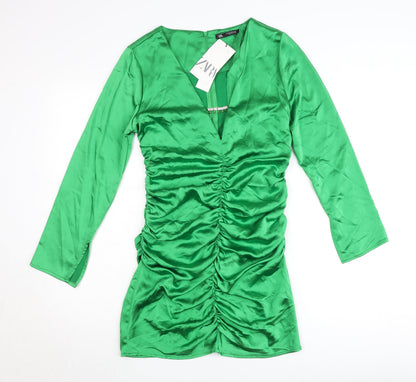 Zara Women’s Green Satin Bodycon Mini Dress M Long Sleeve Party