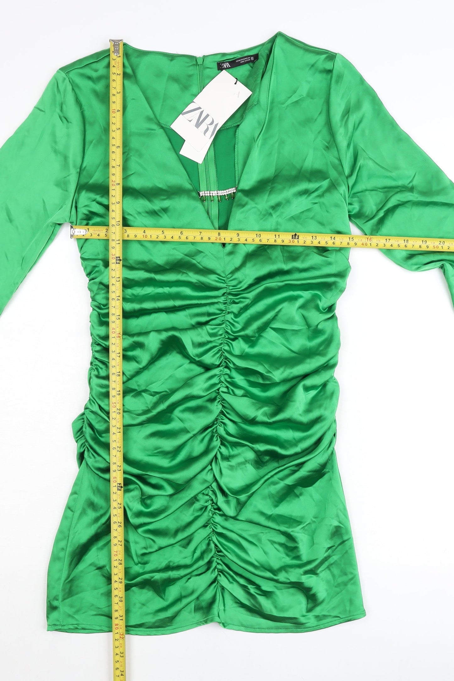 Zara Women’s Green Satin Bodycon Mini Dress M Long Sleeve Party