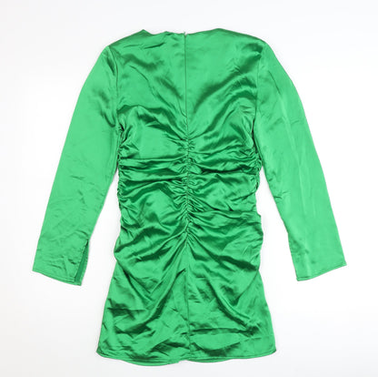 Zara Women’s Green Satin Bodycon Mini Dress M Long Sleeve Party