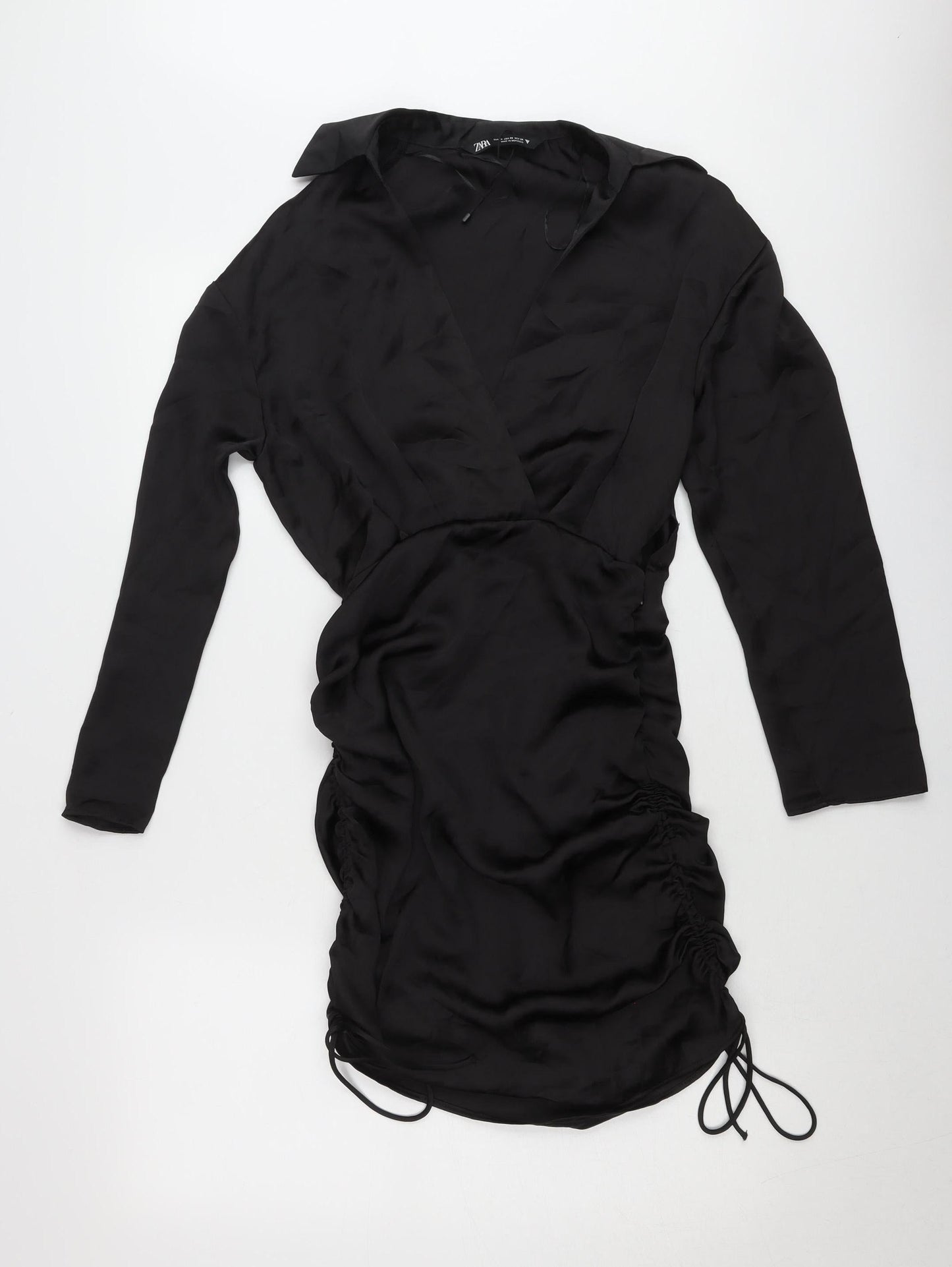 Zara Womens Black XS Wrap Mini Dress Ruched Long Sleeve Party