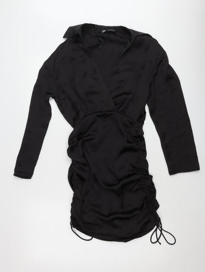 Zara Womens Black XS Wrap Mini Dress Ruched Long Sleeve Party