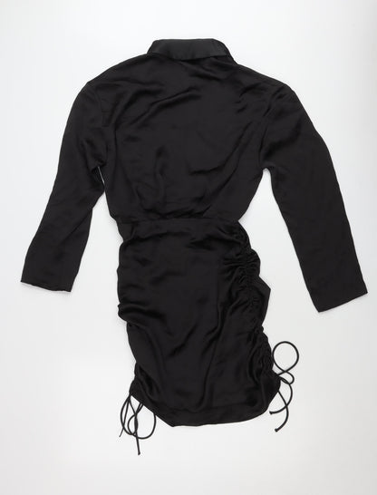 Zara Womens Black XS Wrap Mini Dress Ruched Long Sleeve Party