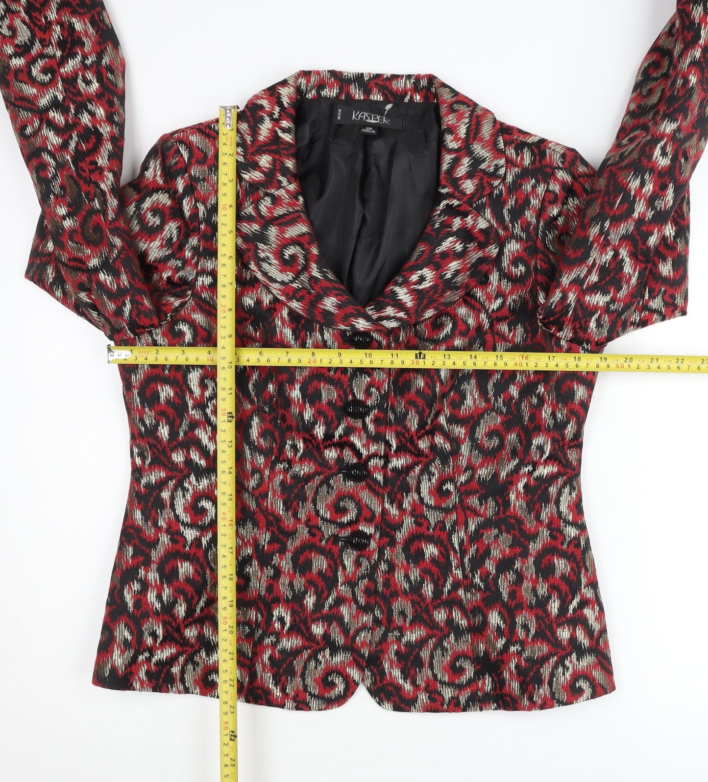 Kasper Women’s Red Black Silver Petite Abstract Jacquard Blazer Jacket Size 10P