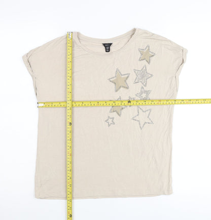 M&Co Women’s Beige Star Rhinestone T-Shirt UK 10 Short Sleeve