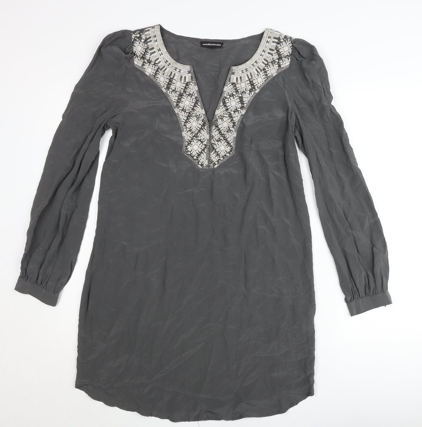 Warehouse Women’s Grey Silk Shift Dress UK 12 Long Sleeve V-Neck Embroidered