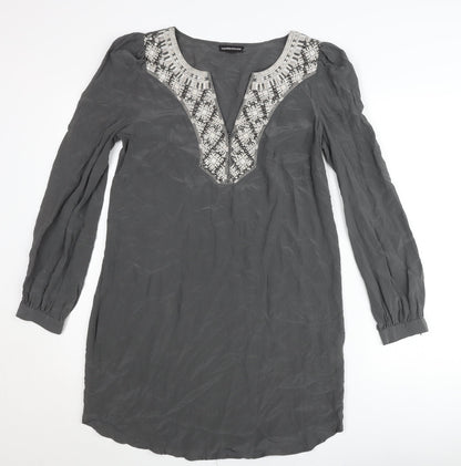 Warehouse Women’s Grey Silk Shift Dress UK 12 Long Sleeve V-Neck Embroidered