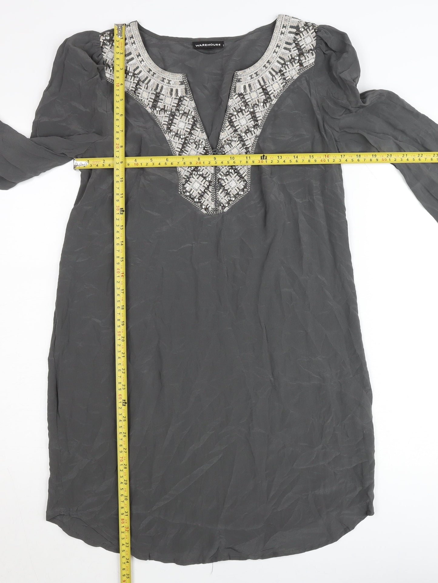 Warehouse Women’s Grey Silk Shift Dress UK 12 Long Sleeve V-Neck Embroidered