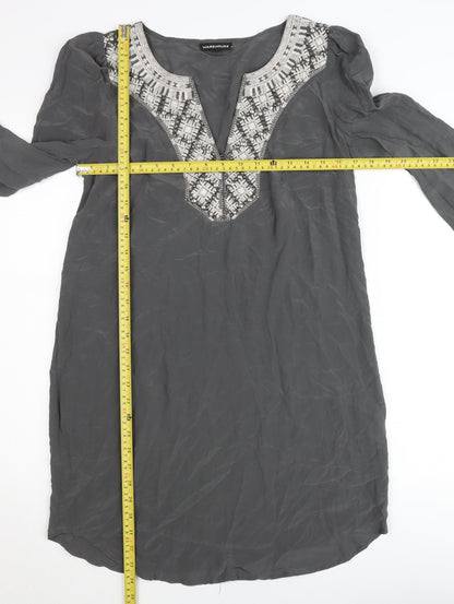 Warehouse Women’s Grey Silk Shift Dress UK 12 Long Sleeve V-Neck Embroidered