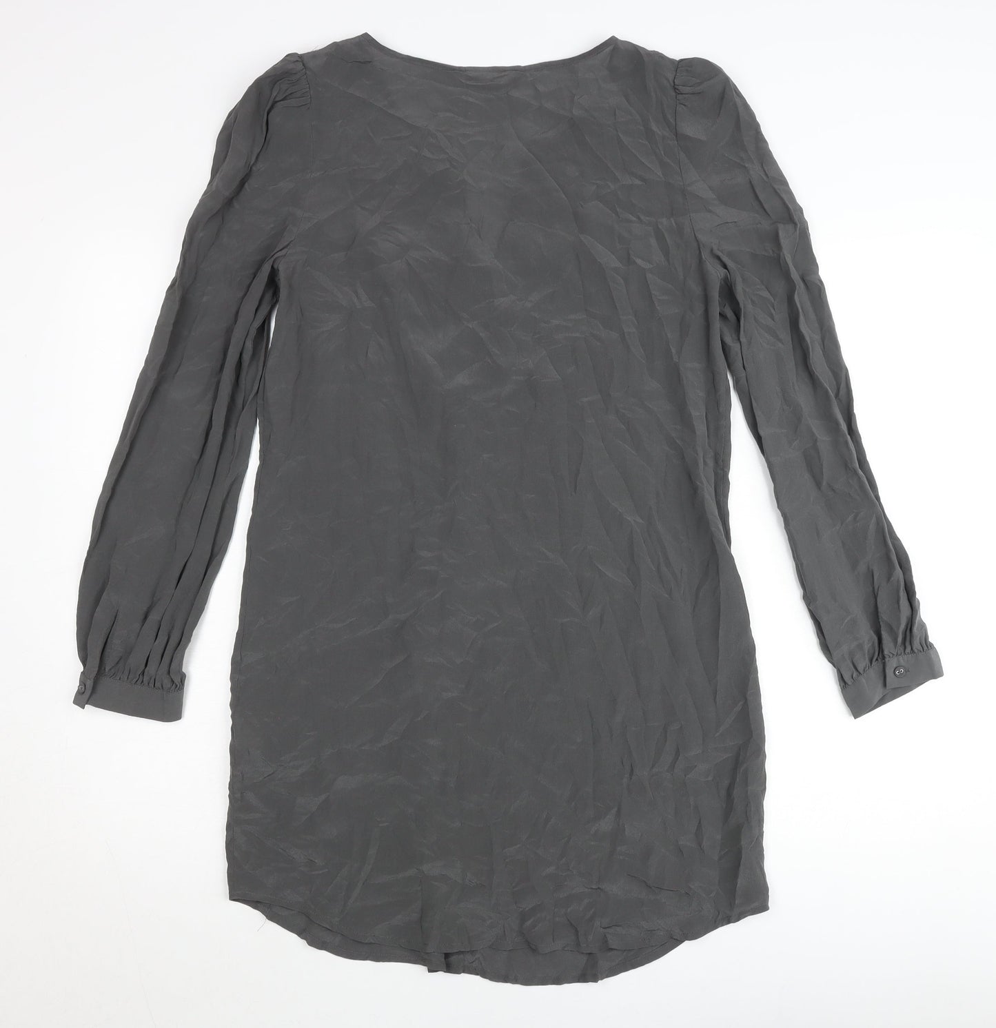 Warehouse Women’s Grey Silk Shift Dress UK 12 Long Sleeve V-Neck Embroidered