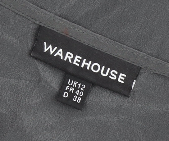 Warehouse Women’s Grey Silk Shift Dress UK 12 Long Sleeve V-Neck Embroidered