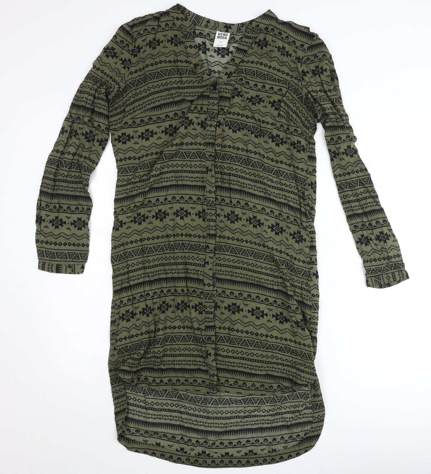 Vero Moda Women Green Tribal Shirt Dress M Long Sleeve Boho Casual