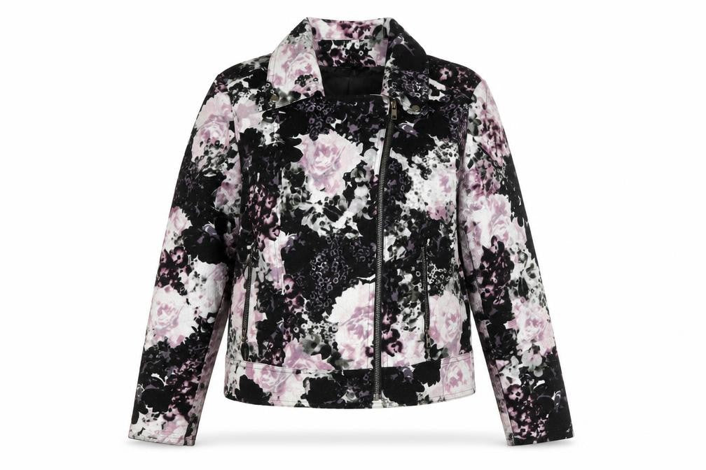 Front view of Kaliko women’s multicoloured floral biker jacket, size UK 14