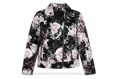 Front view of Kaliko women’s multicoloured floral biker jacket, size UK 14