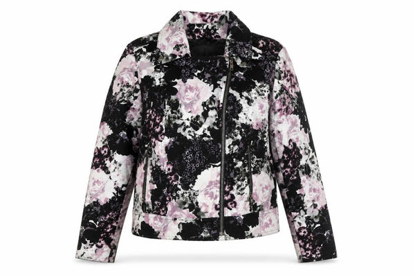 Front view of Kaliko women’s multicoloured floral biker jacket, size UK 14