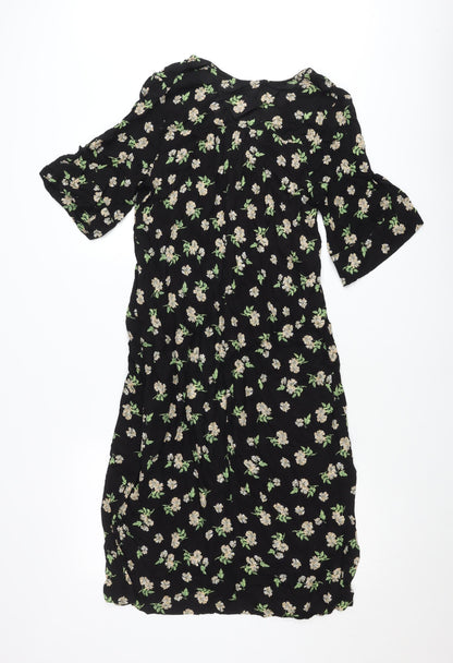 Atmosphere Women Black Floral Shift Dress Size 10 V-Neck Short Sleeve