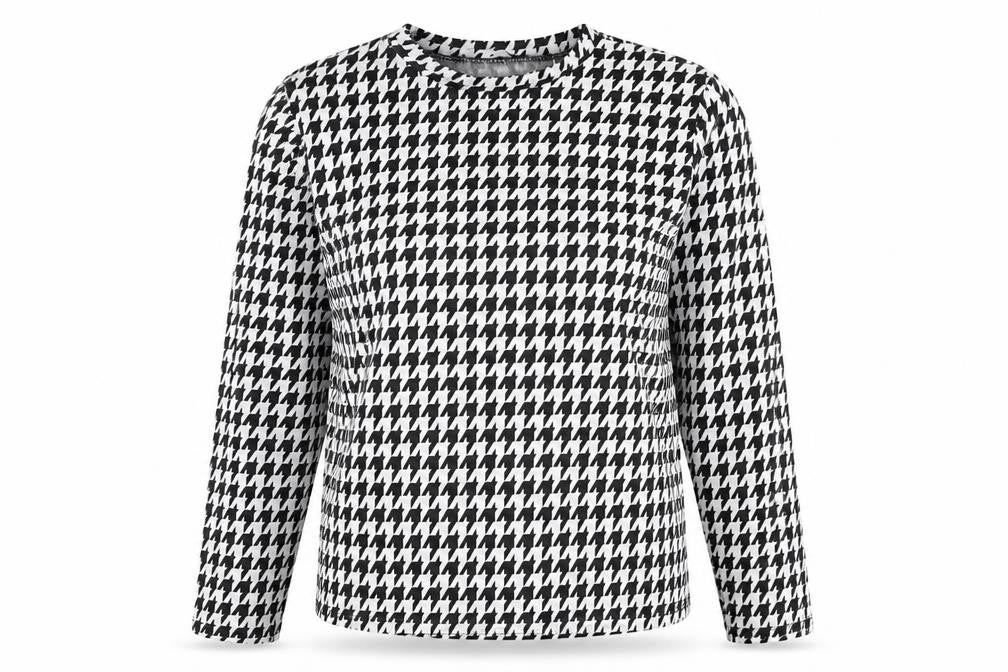 Front view of Principles Women’s Black White Houndstooth Long Sleeve Jersey Top, size UK 10