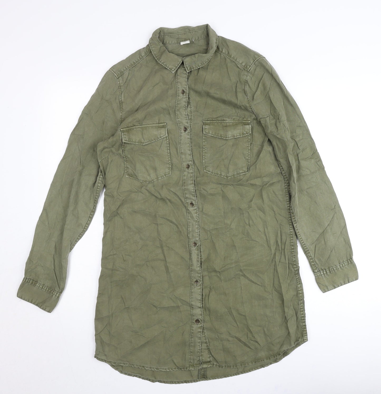 H&M Women Green Shirt Dress Size 10 Lyocell Collared Long Sleeve