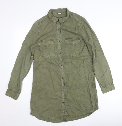 H&M Women Green Shirt Dress Size 10 Lyocell Collared Long Sleeve