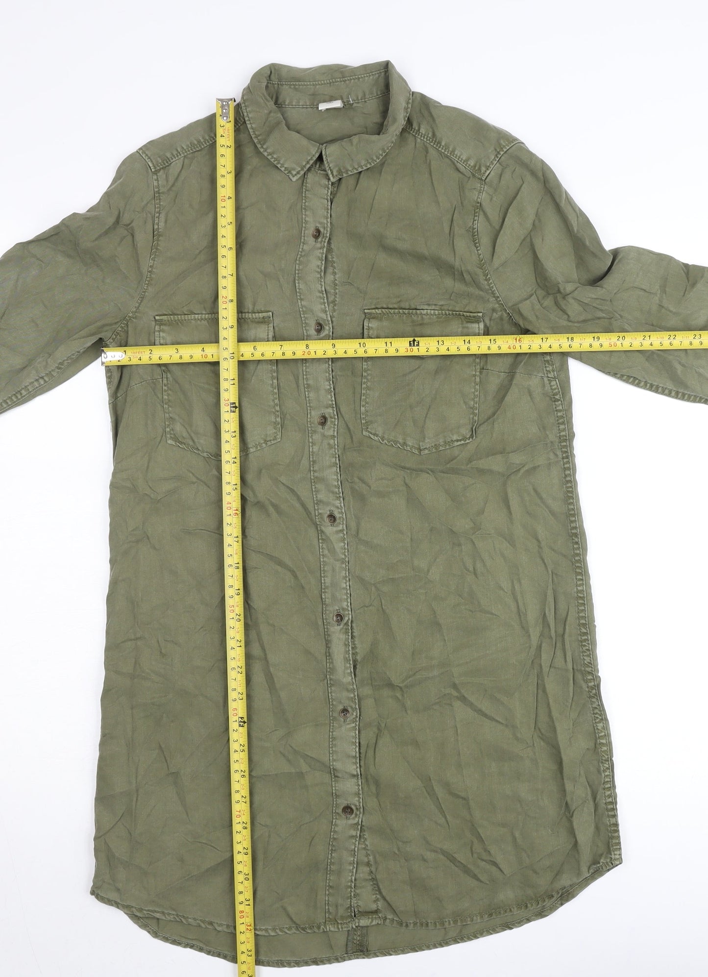 H&M Women Green Shirt Dress Size 10 Lyocell Collared Long Sleeve