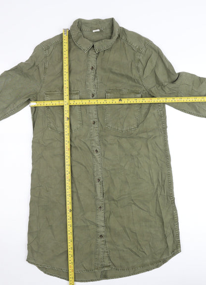 H&M Women Green Shirt Dress Size 10 Lyocell Collared Long Sleeve