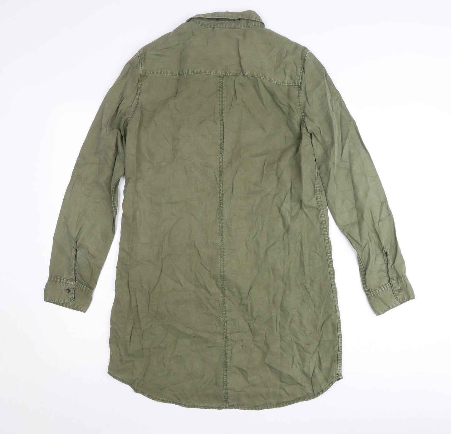 H&M Women Green Shirt Dress Size 10 Lyocell Collared Long Sleeve
