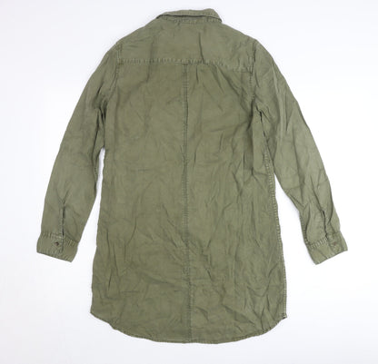 H&M Women Green Shirt Dress Size 10 Lyocell Collared Long Sleeve