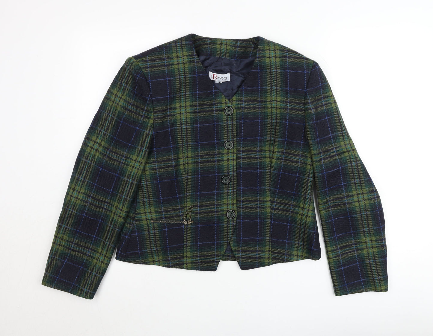 Bianca Womens Green Checked Wool Blend Blazer Jacket Size 10